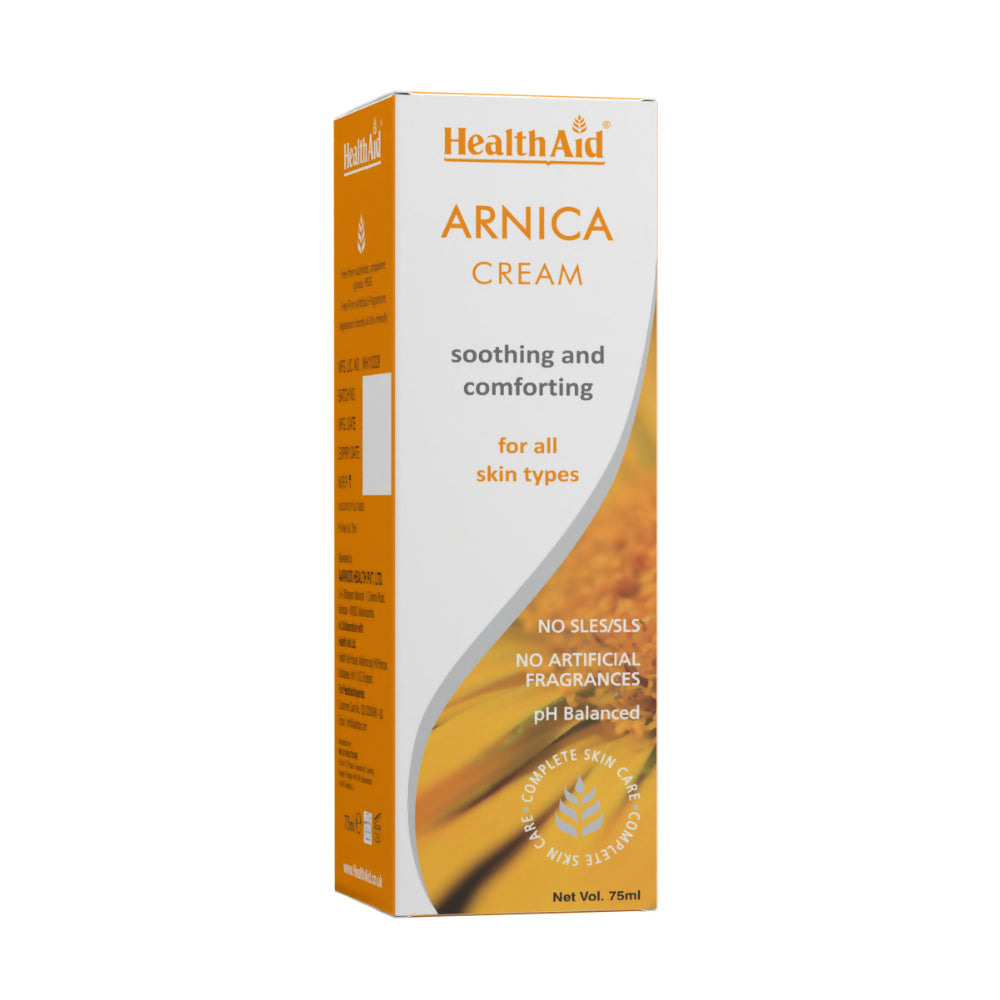 HealthAid Arnica Face Cream in a tube, showing the product label and packaging for soothing skin care.