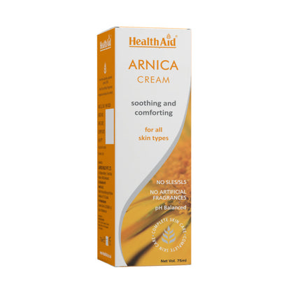 HealthAid Arnica Face Cream in a tube, showing the product label and packaging for soothing skin care.