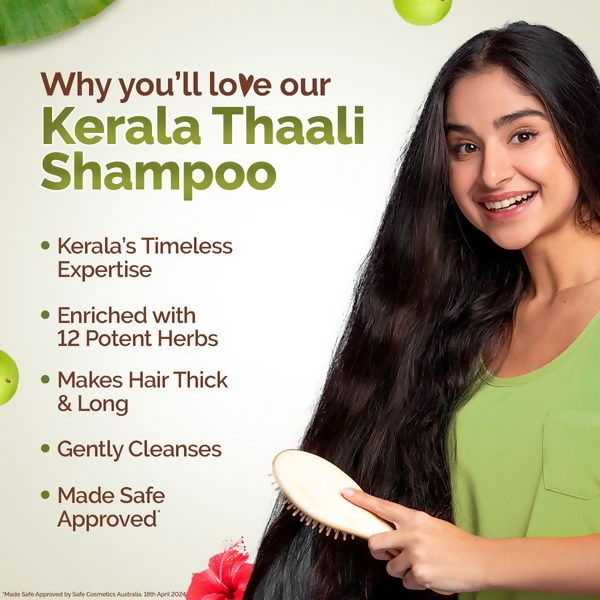 Mamaearth Kerala Thaali Shampoo bottle with floral design, showcasing natural ingredients and eco-friendly packaging.