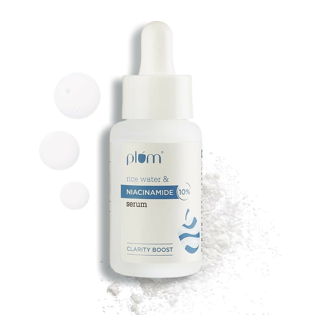 Plum Niacinamide Brightening Face Serum with rice water, showing a clear glass bottle with dropper and serum inside.