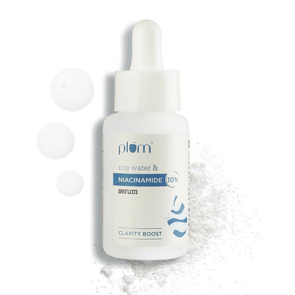 Plum Niacinamide Brightening Face Serum with rice water, showing a clear glass bottle with dropper and serum inside.