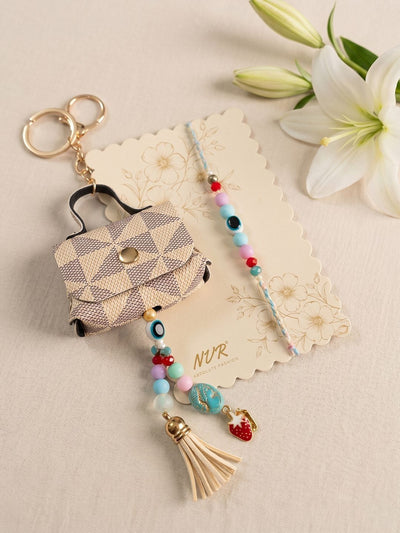 Indyancart Set Of 2 Purse Design Evil Eye & Beads Bhaiya Bhabhi Rakhi With Roli Chawal