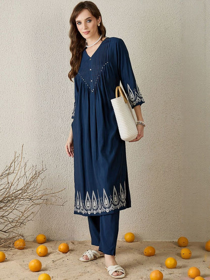 Floral Embroidered Pleated Kurta with Trousers
