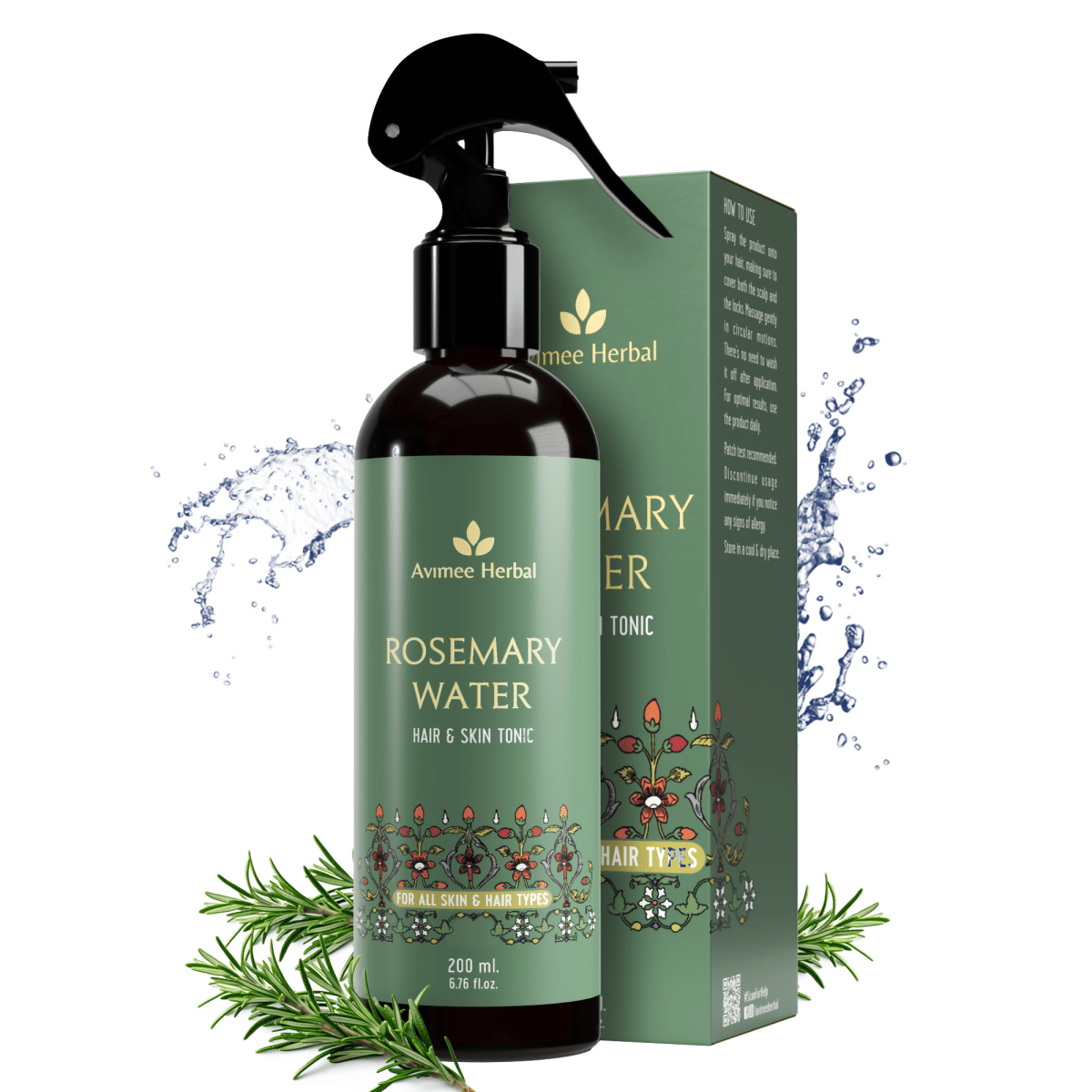 Avimee Herbal Rosemary Water hair spray for hair growth, fall control, and scalp health, with fresh rosemary plant visible in the image.