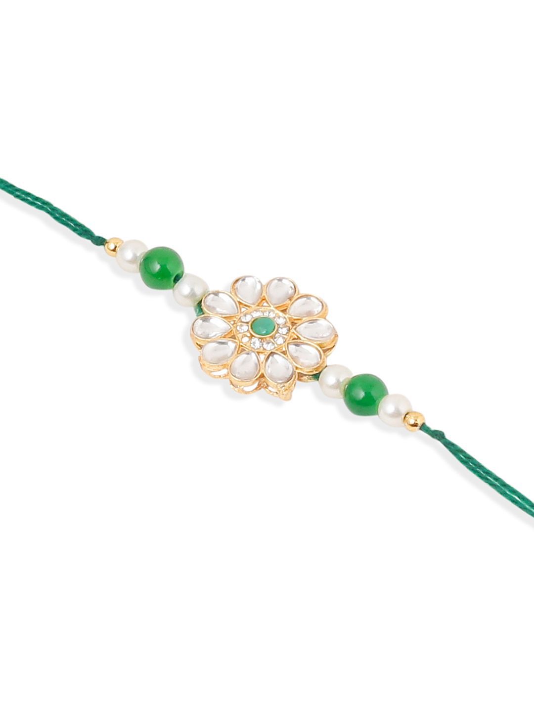 Anouk Set Of 2 Kundan Floral Design Gold Toned Bhaiya Bhabhi Rakhi Set With Roli Chawal