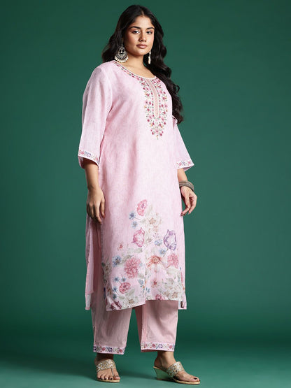 Indyancart Women's Plus Size Floral Print Thread Work Kurta with Palazzos & Dupatta