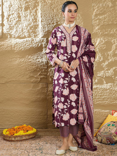 Indyancart IE Women Floral Printed Regular Pure Cotton Kurta with Trousers & Dupatta
