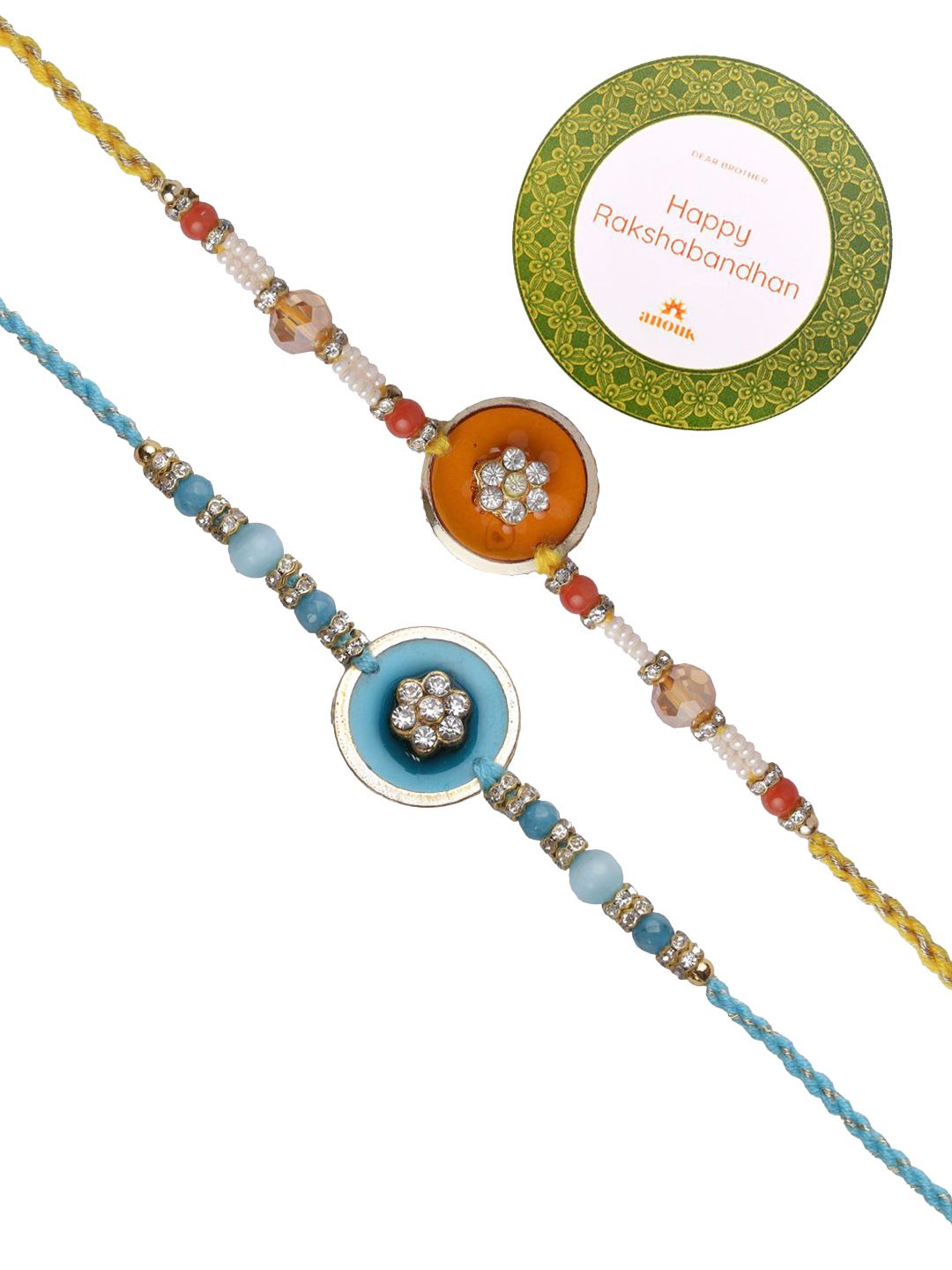 Anouk Set Of 2 Blue Stones Studded & Beaded Rakhis Comes With Roli Rice & Greeting Card