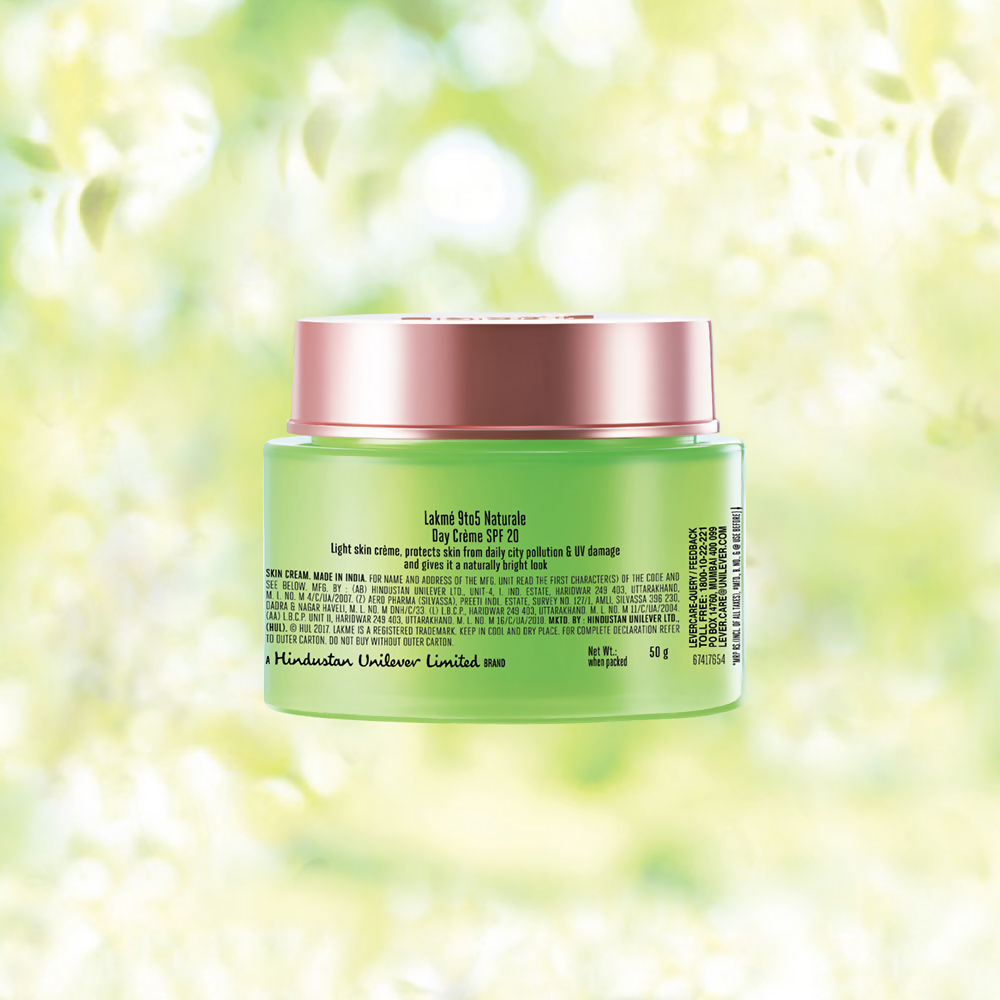 Lakme 9 to 5 Naturale Day Face Cream jar, lightweight moisturizer with natural ingredients, suitable for daily skincare.