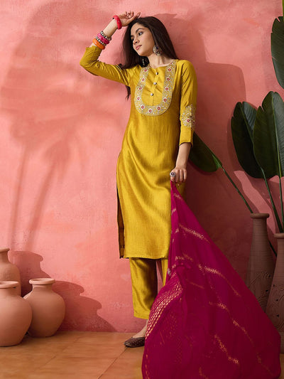 Indyancart SN Women's Yellow Zari Embroidered Straight Kurta With Trouser And Dupatta