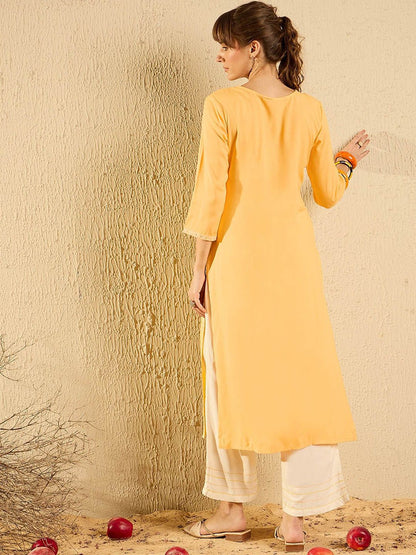 Indyancart IE Yellow and White Ethnic Motifs Embroidered Thread Work Straight Kurta