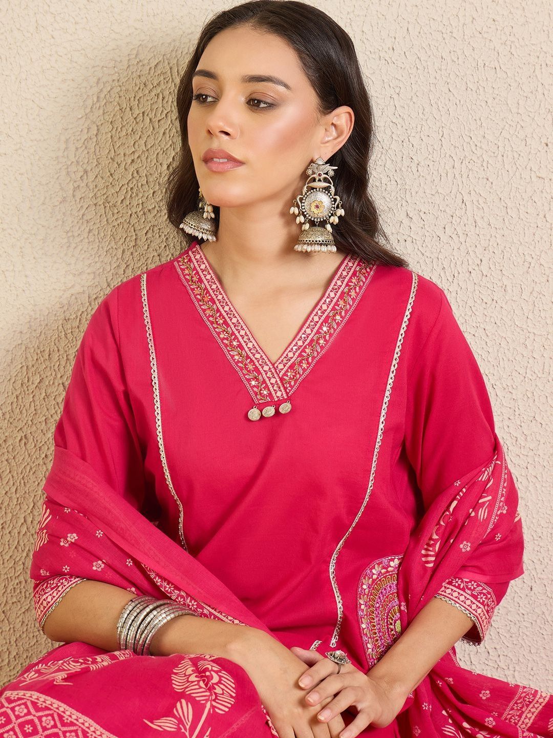 Women Ethnic Motifs Printed Regular Beads and Stones Pure Cotton Kurta with Trousers & With Dupatta