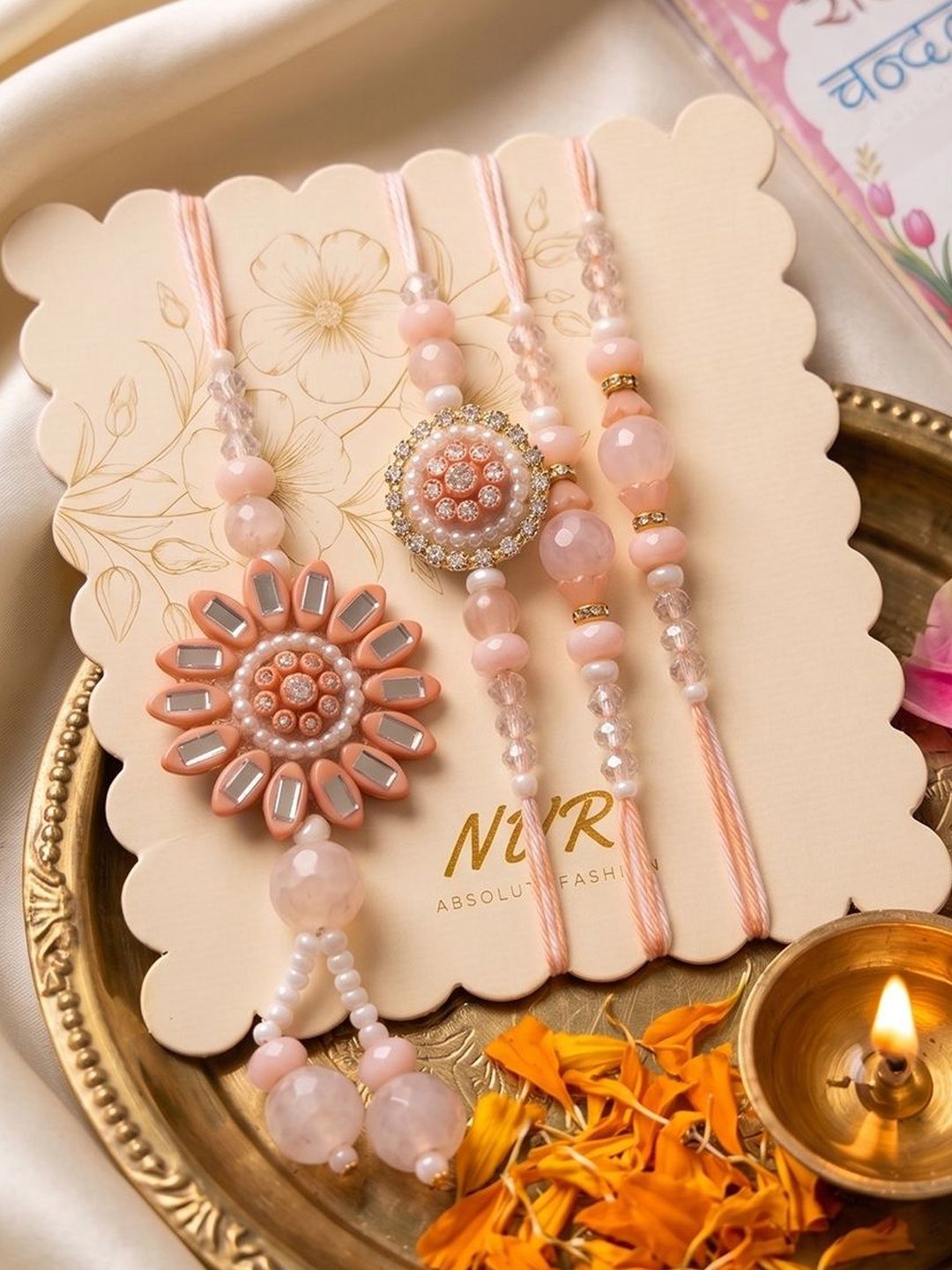 Anouk Set Of 4 Beaded Family Pack Thread Rakhi With Roli Chawal Chandan Mishri