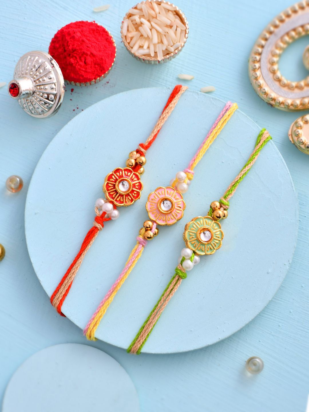 Anouk Red Set of 3 Kundan-Studded & Beaded Thread Rakhi
