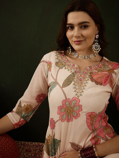 Indyancart SN Women's Floral Embroidered Mirror Work Kurta with Palazzos