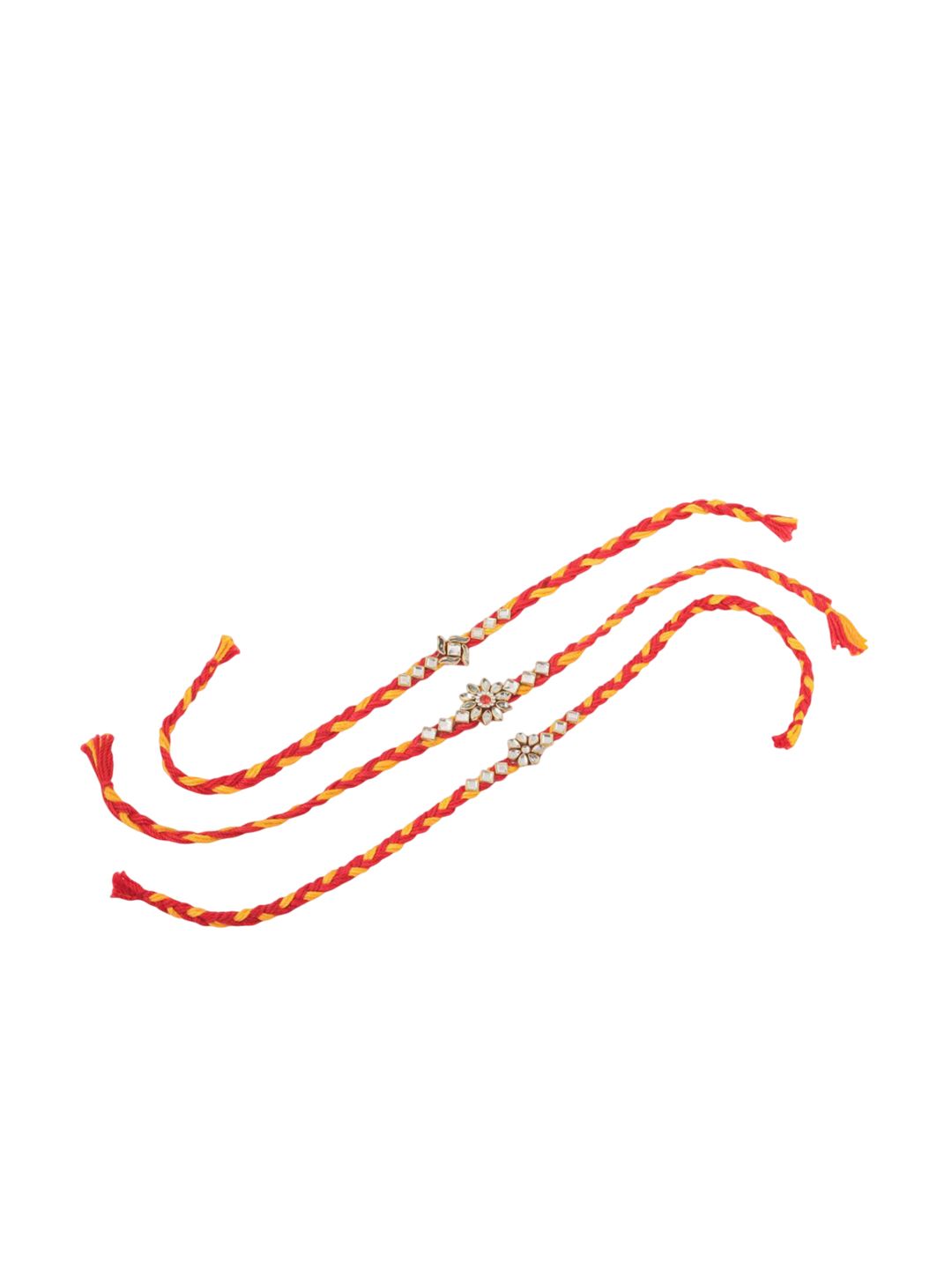 Anouk Men Set Of 3 Red & Yellow Kundan Studded Floral Design Thread Rakhi With Roli Chawal