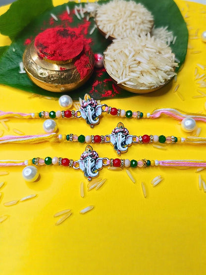 Anouk Set Of 3 Beaded Cotton Thread with AD Stones & Meenakari Designer Rakhi for Brother
