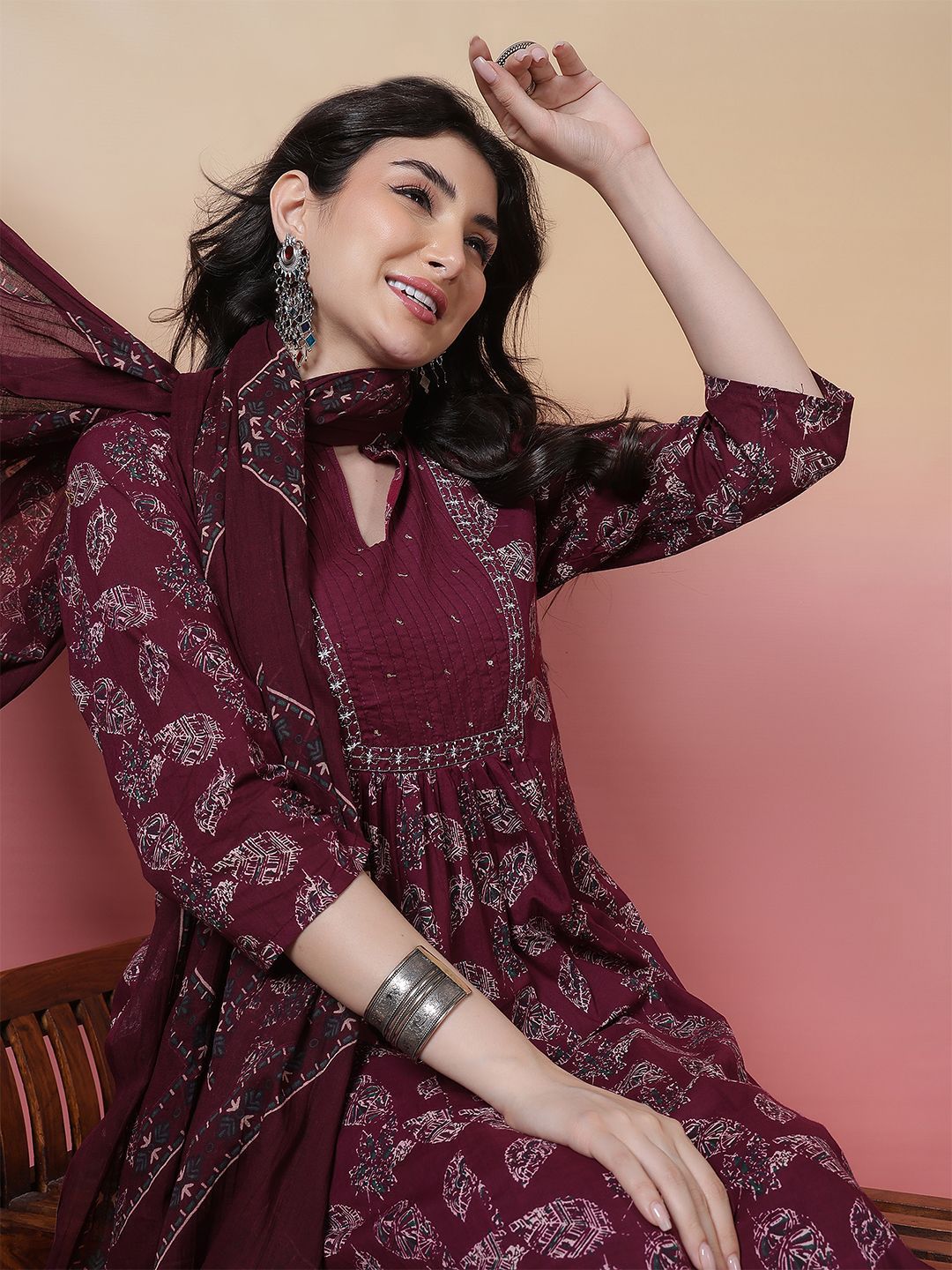Indyancart SN Women's Floral Printed Mandarin Collar Pure Cotton Anarkali Kurta With Trouser & Dupatta
