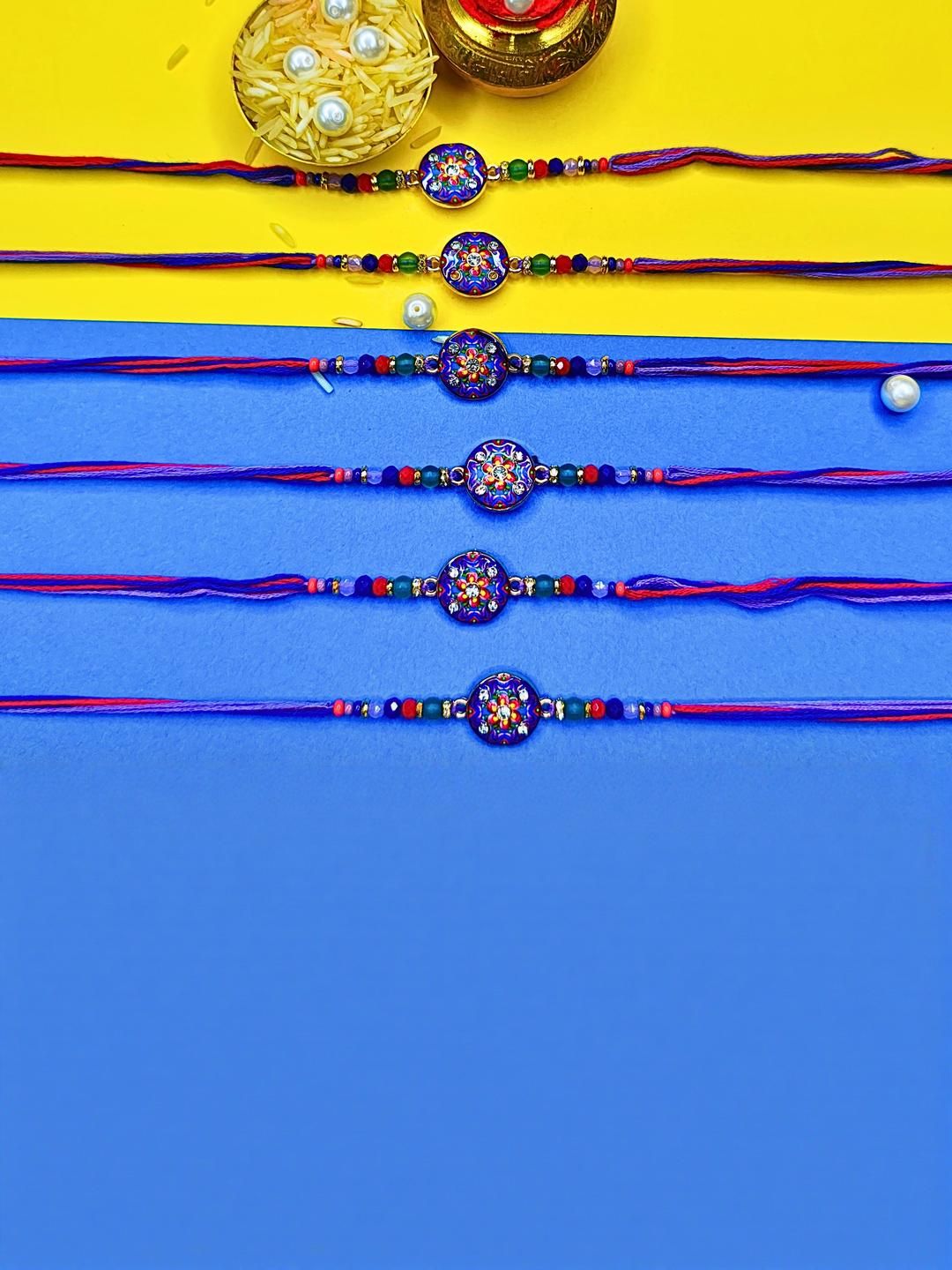 Anouk Set Of 6 Beaded Cotton Thread with AD Stones & Meenakari Designer Rakhi for Brother