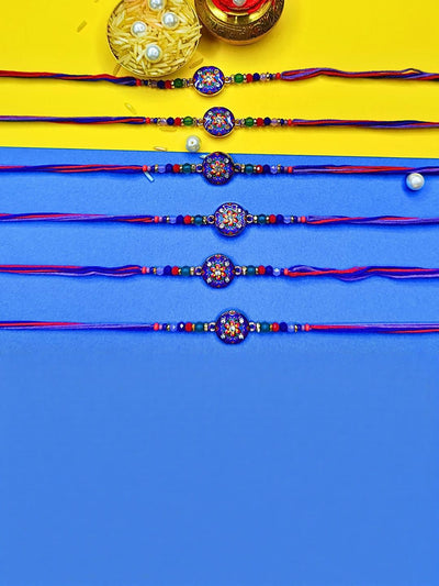 Indyancart Set Of 6 Beaded Cotton Thread with AD Stones & Meenakari Designer Rakhi for Brother
