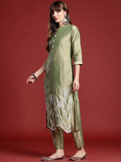 Indyancart IE Floral Embroidered Mandarin Collar Straight Tunic And Trousers