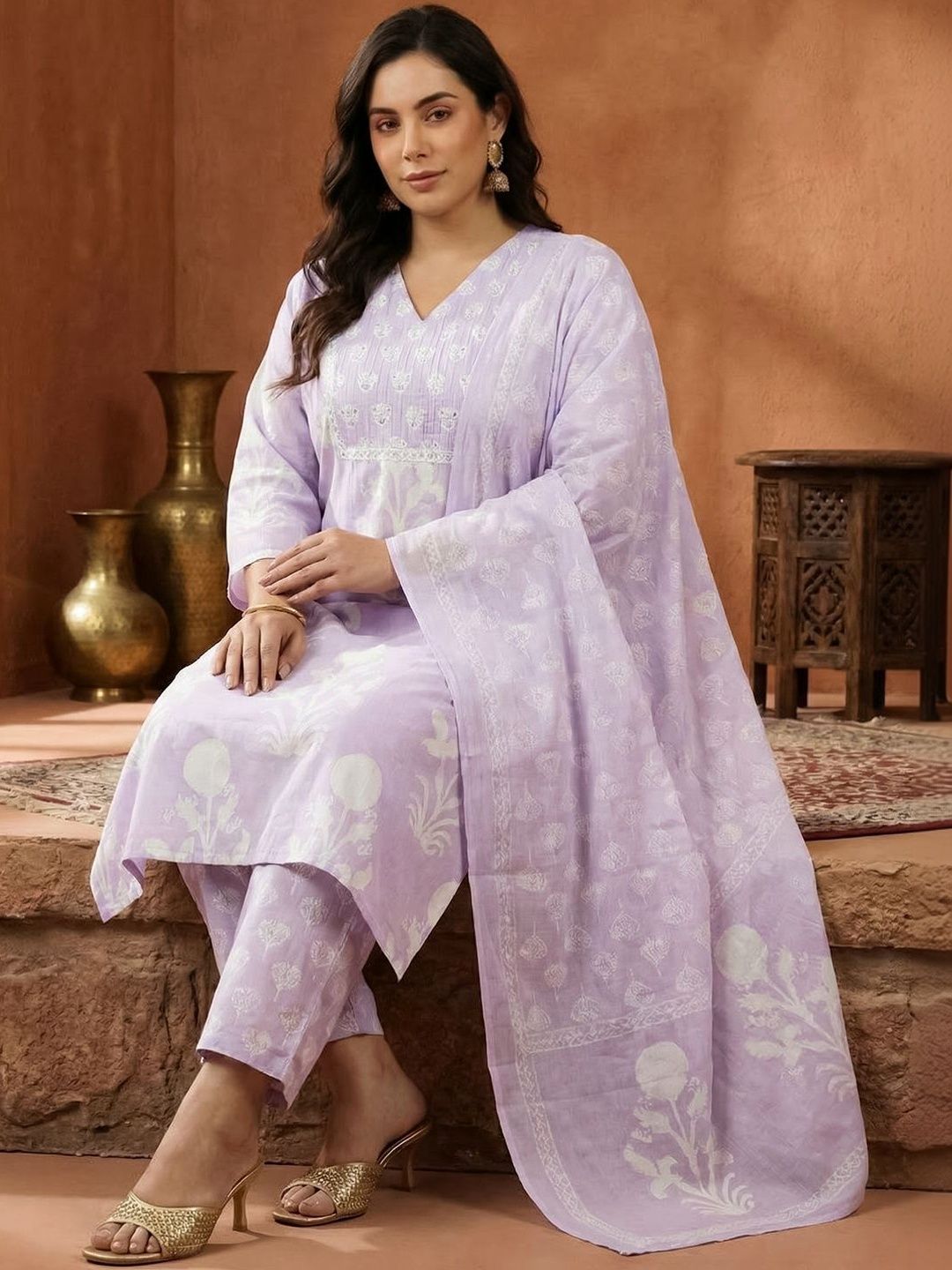 Indyancart Women's Floral Printed Regular Patchwork Pure Cotton Kurta with Trousers & Dupatta