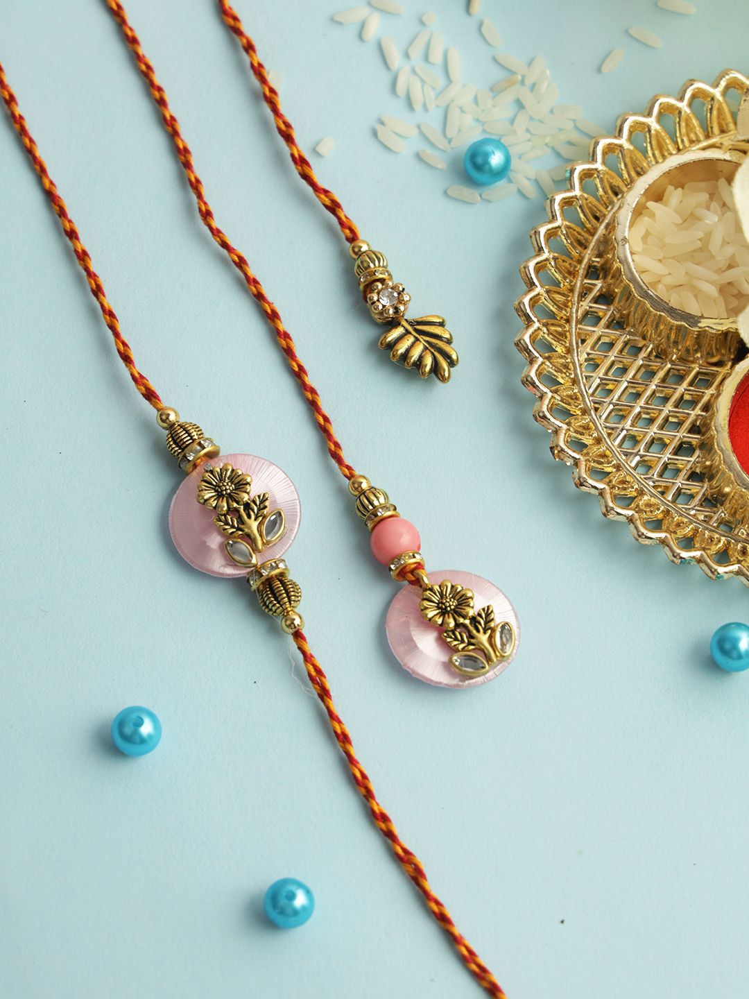 Anouk Pink Stone Studded & Beaded Floral Bhaiya Bhabhi Thread Rakhis With Roli Chawal