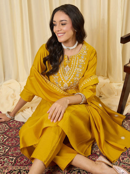 Women Ethnic Motifs Embroidered Empire Thread Work Kurta with Trousers & With Dupatta