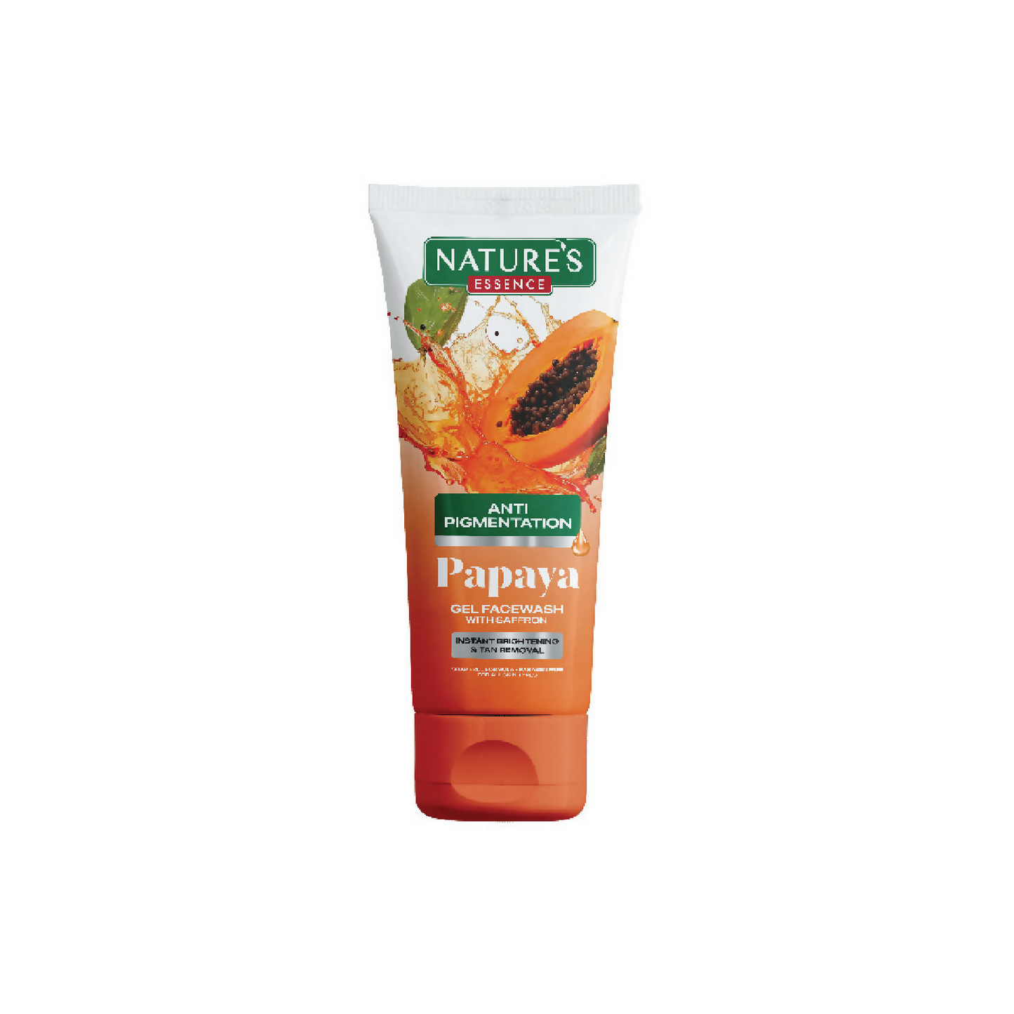 Nature's Essence Anti-Pigmentation Papaya Gel Face Wash in a clear tube, with fresh papaya imagery on the packaging.