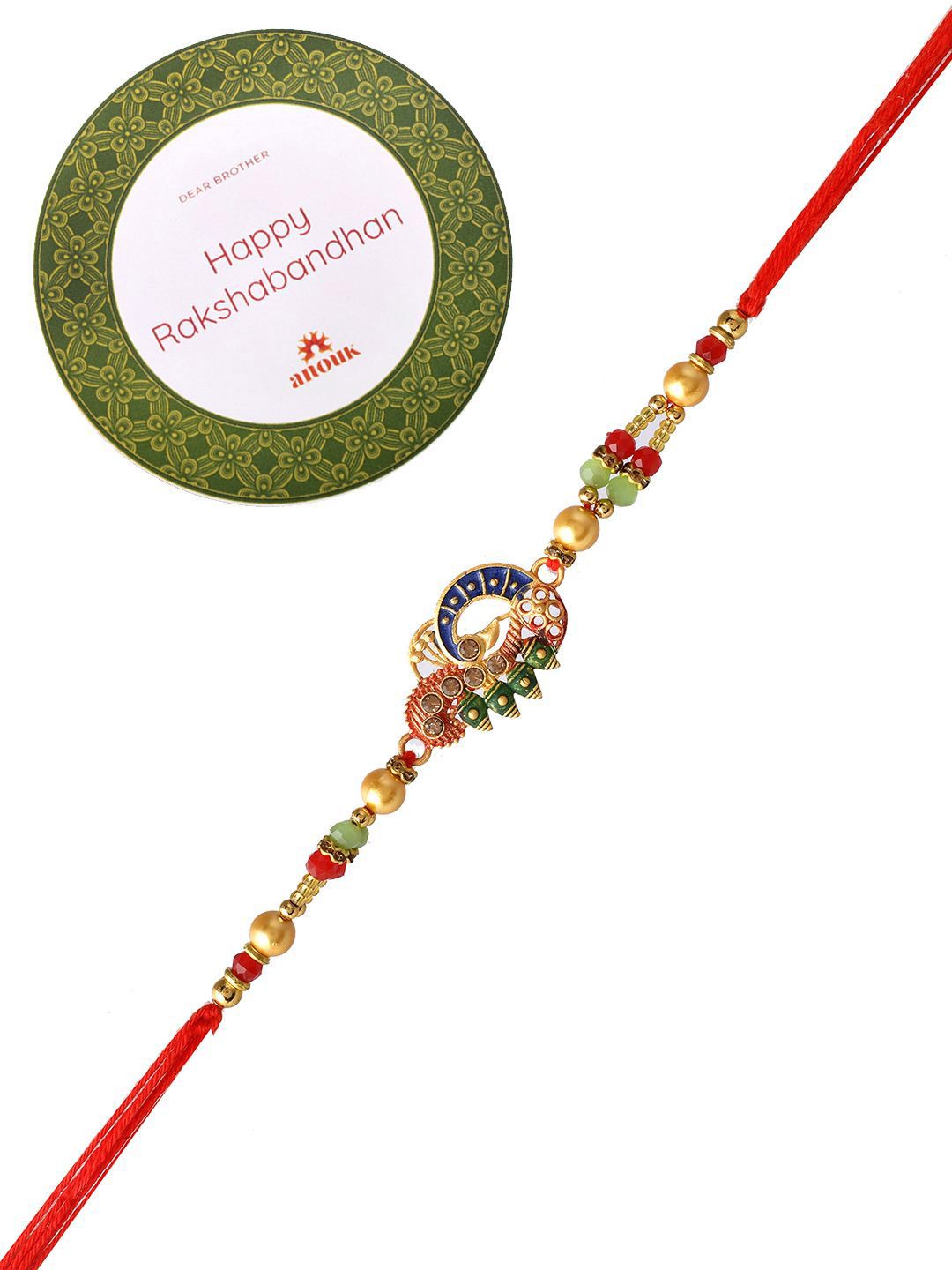 Anouk Red Stone Studded & Beaded Thread Rakhi With Roli Chawal & Greeting Card