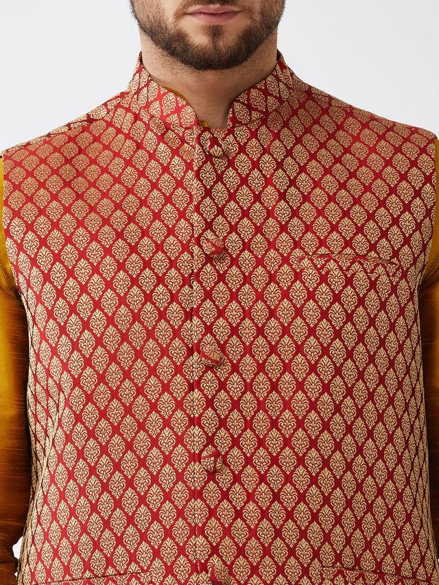 Men's Mustard Silk Blend Straight Jacket  Kurta and Dhoti Set