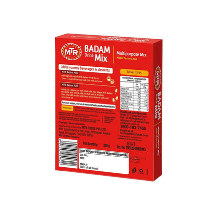 MTR Badam Drink Mix in a jar, instant almond-flavored beverage powder with almonds and packaging label visible.