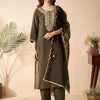 Indyancart IE Women Ethnic Motifs Embroidered Regular Thread Work Liva Kurta with Trousers & With Dupatta