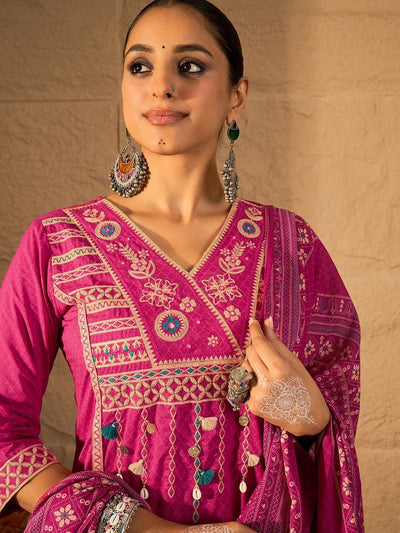 Indyancart IE Women Ethnic Motifs Embroidered Cotton Kurta with Trousers & Dupatta