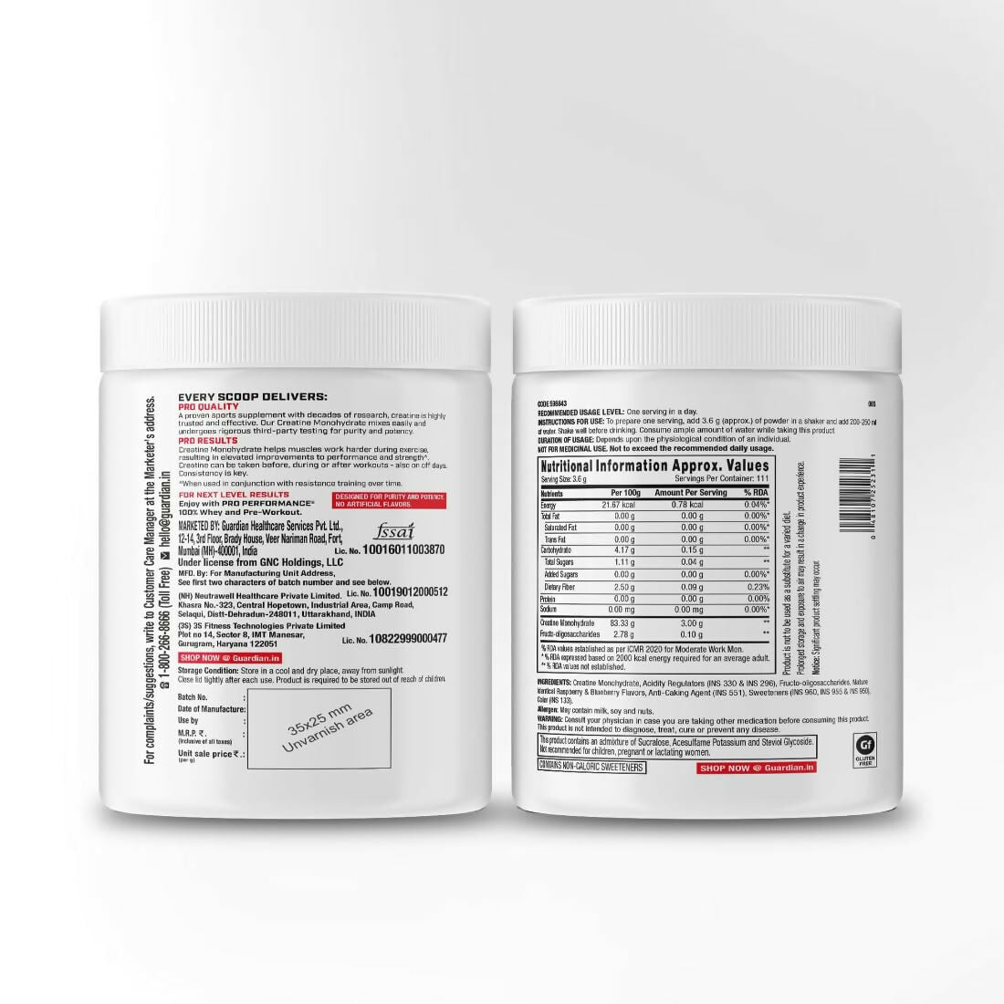 GNC Pro Performance Creatine Monohydrate Cranberry Ayurvedic protein powder container with label and scoop
