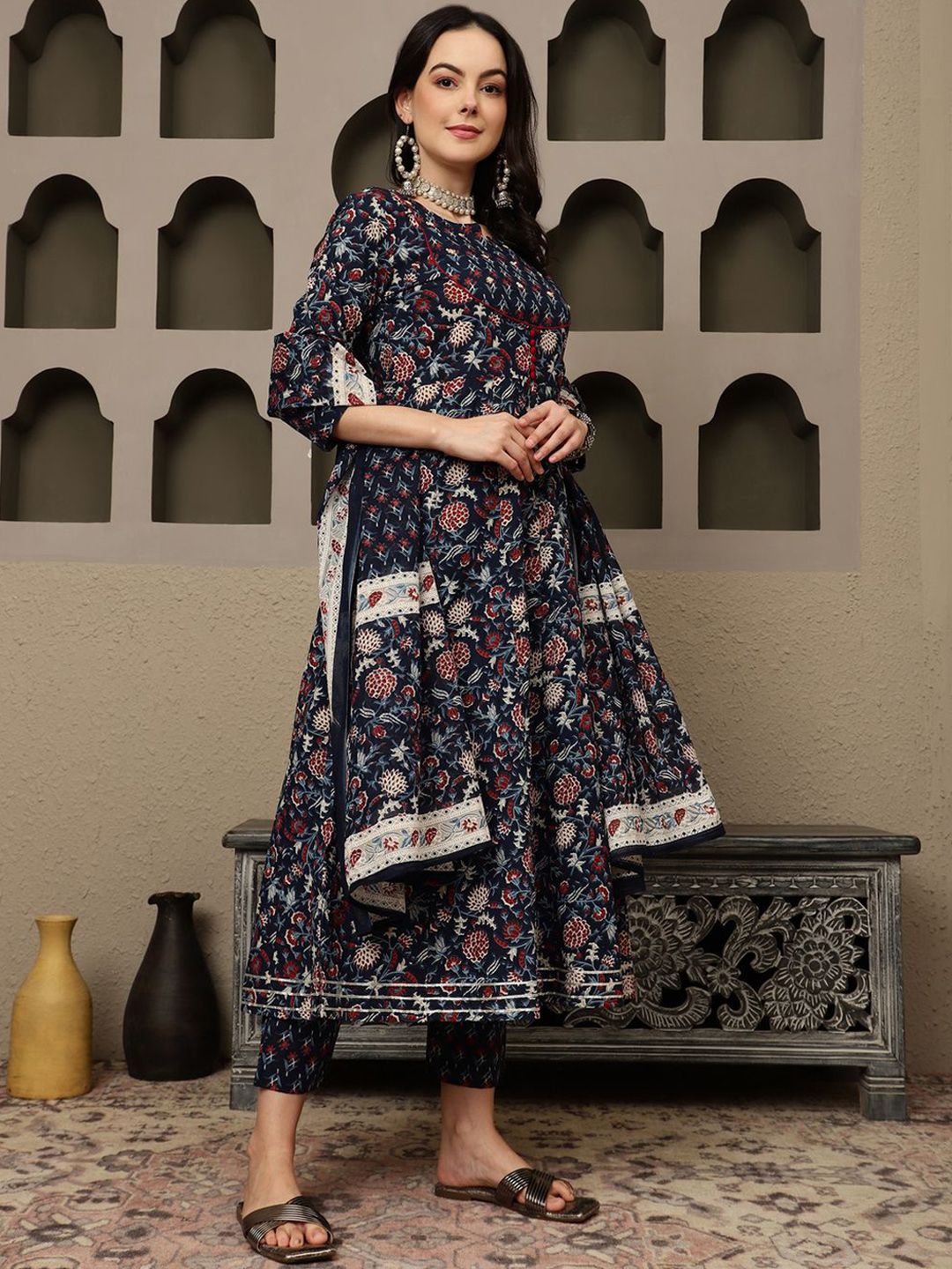 Indyancart SN Women's Navy Blue Floral Printed Pure Cotton Anarkali Kurta With Trousers & Dupatta