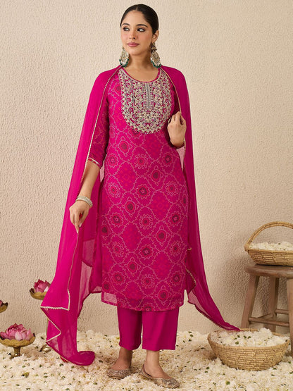 Indyancart IE Women's Women Ethnic Motifs Printed Regular Thread Work Kurta with Trousers & Dupatta