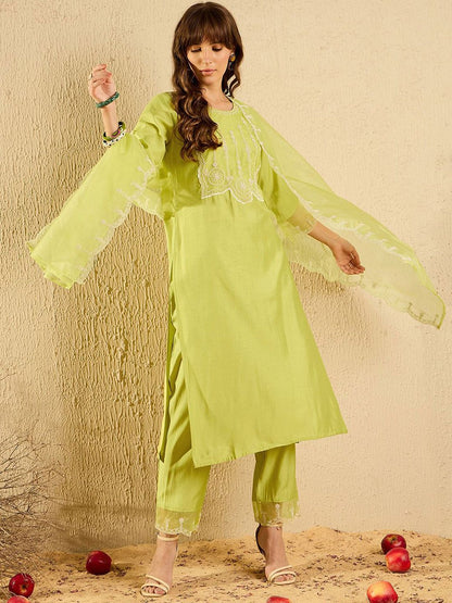 Indyancart IE Women Ethnic Motifs Embroidered Regular Aari Work Liva Kurta with Trousers & With Dupatta