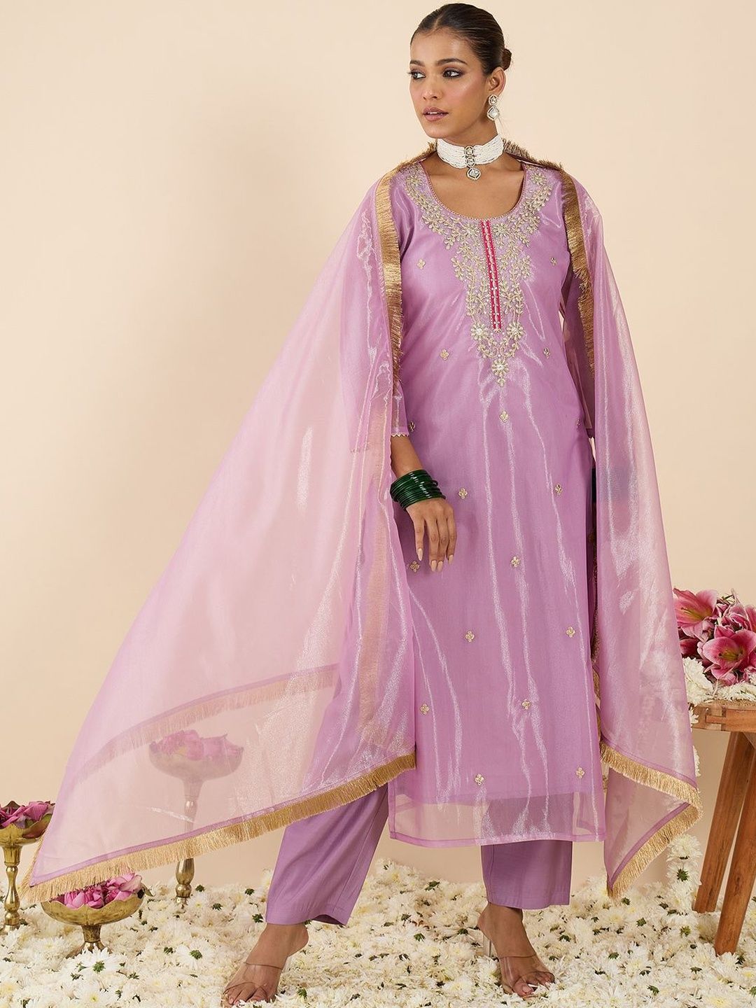 Women Ethnic Motifs Embroidered Regular Thread Work Kurta with Trousers & With Dupatta