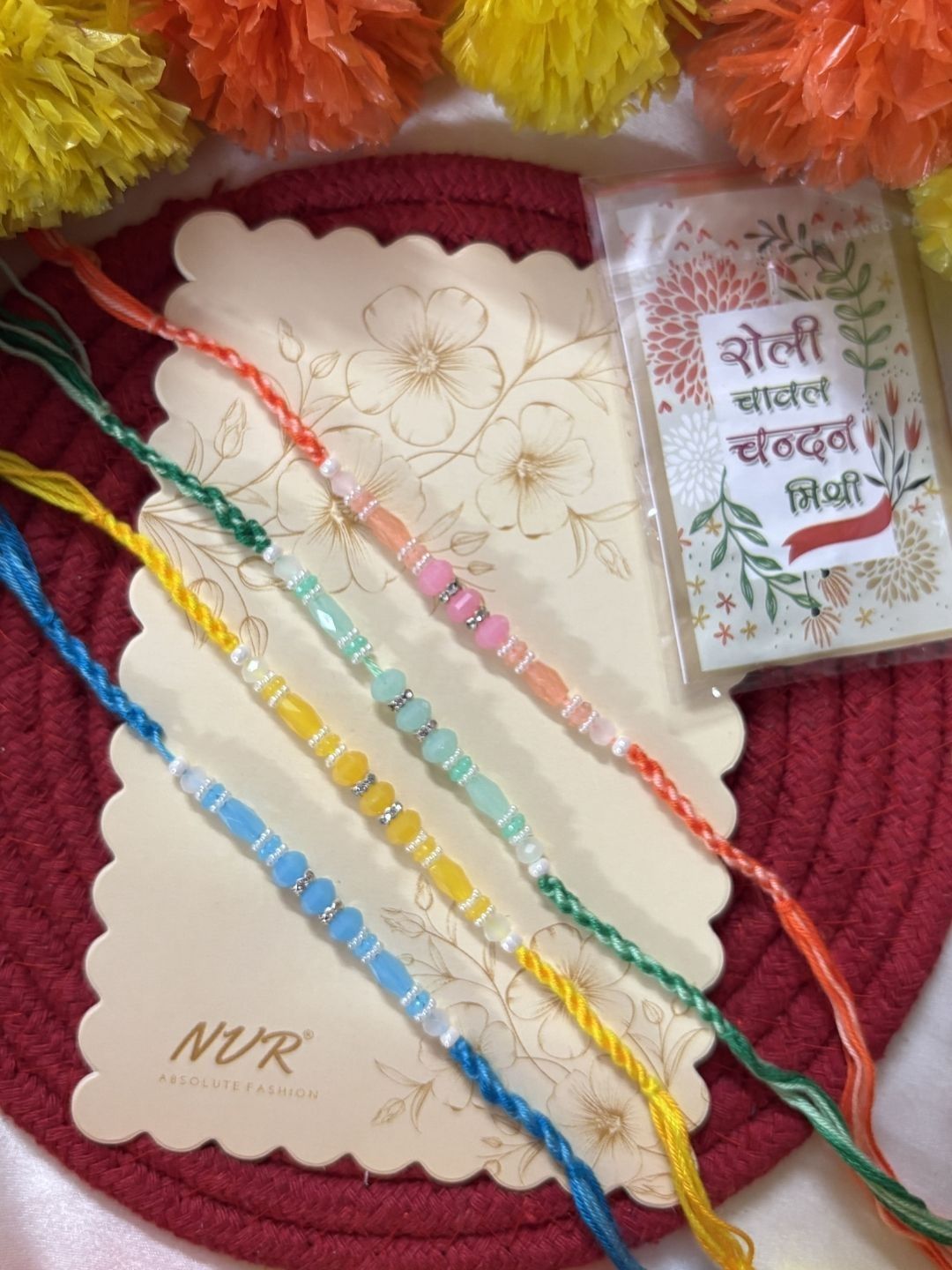 Anouk Set Of 4 Multicolor Artificial Beads Thread Rakhi With Roli Chawal Chandan Mishri