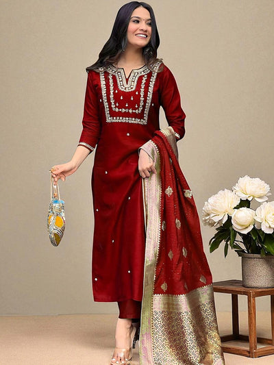 Indyancart SN Women's Floral Embroidered Cotton Kurta with Trousers & Dupatta