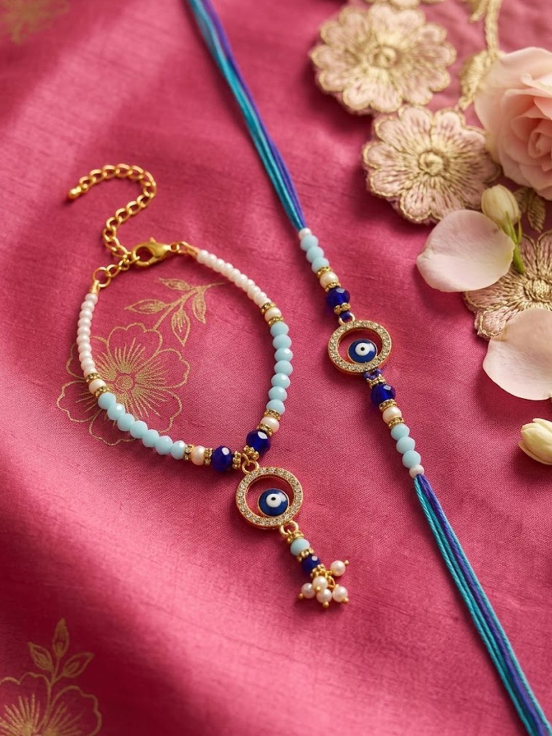 Anouk Set Of 2 Blue Evil Eye Gold Toned Beaded Bhaiya Bhabhi Rakhi