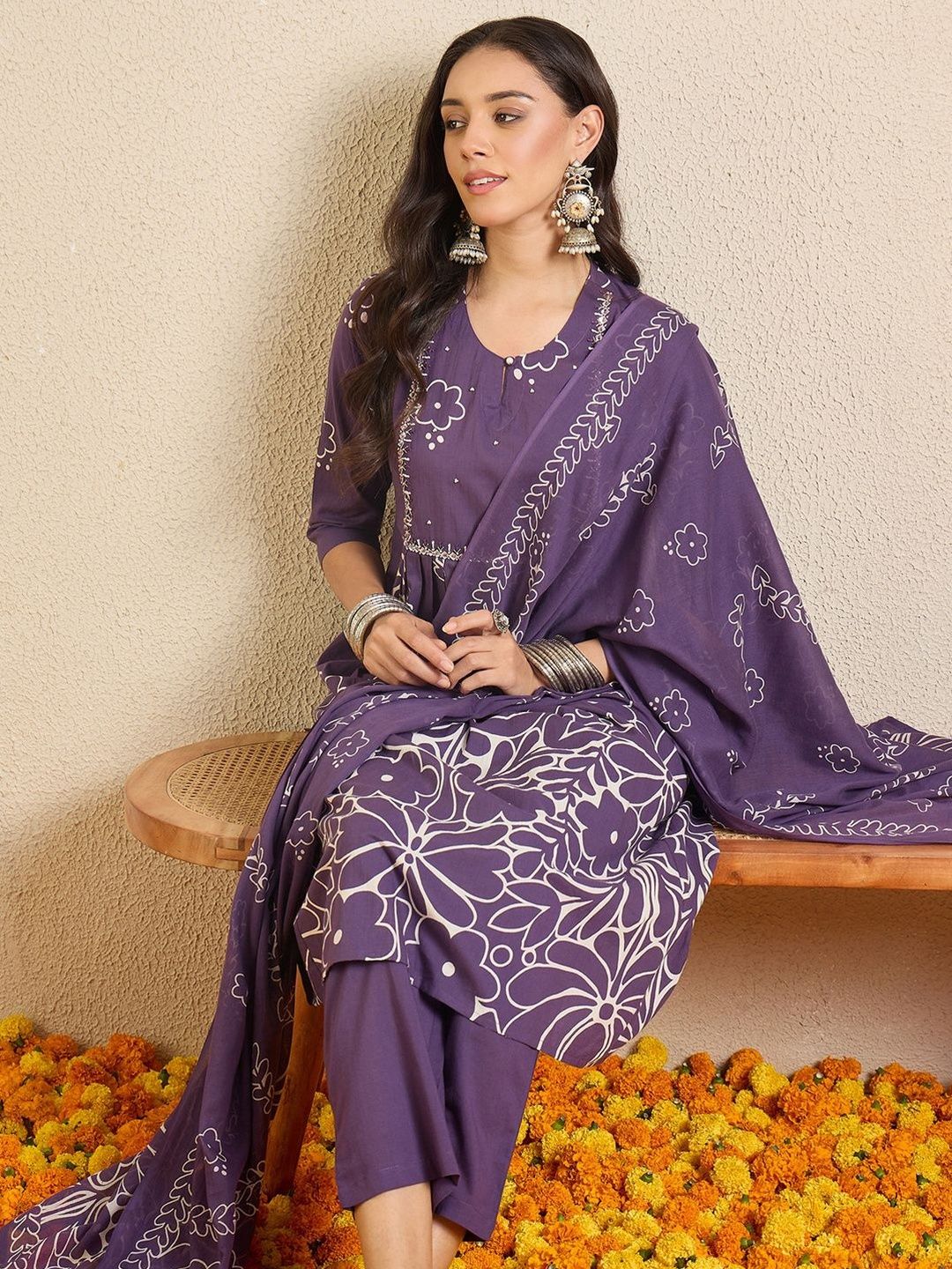 Women Ethnic Motifs Printed Regular Beads and Stones Pure Cotton Kurta with Trousers & With Dupatta