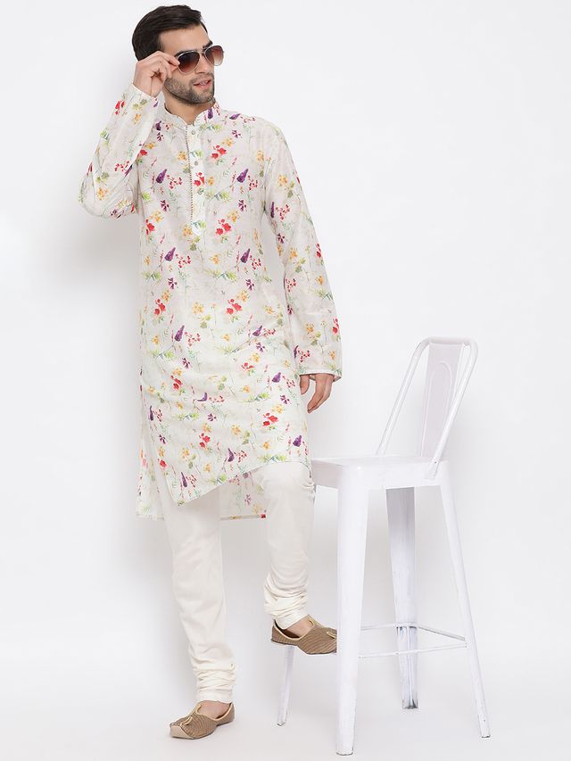 Men's Cream Cotton Blend Straight Kurta