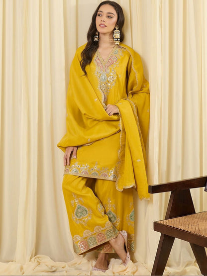 Indyancart IE Women Ethnic Motifs Embroidered Regular Thread Work Kurta with Palazzos & With Dupatta