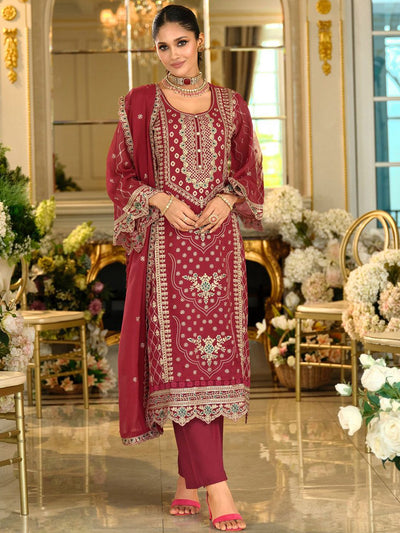 Indyancart IE Ethnic Motifs Embroidered Zari Organza Straight Kurta & Trousers With Dupatta
