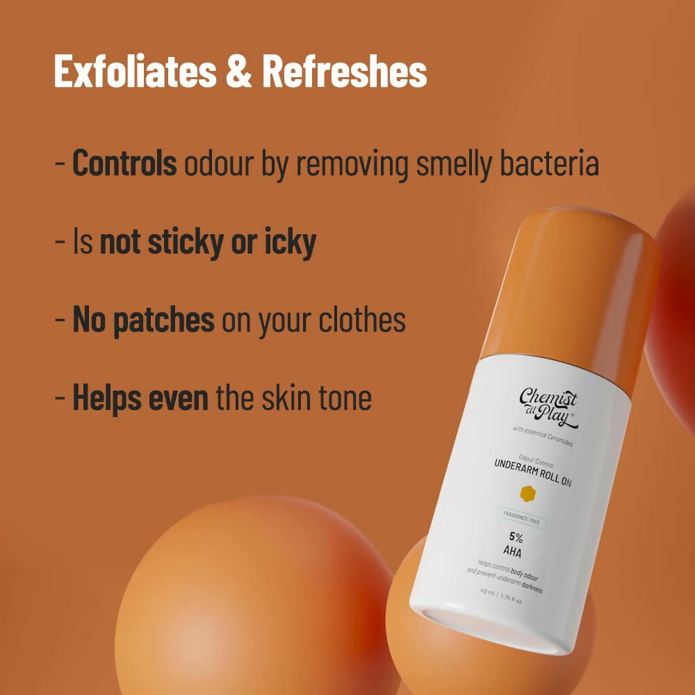 Chemist at Play fragrance-free underarm roll-on cream with brightening, exfoliating, and odour-preventing properties.