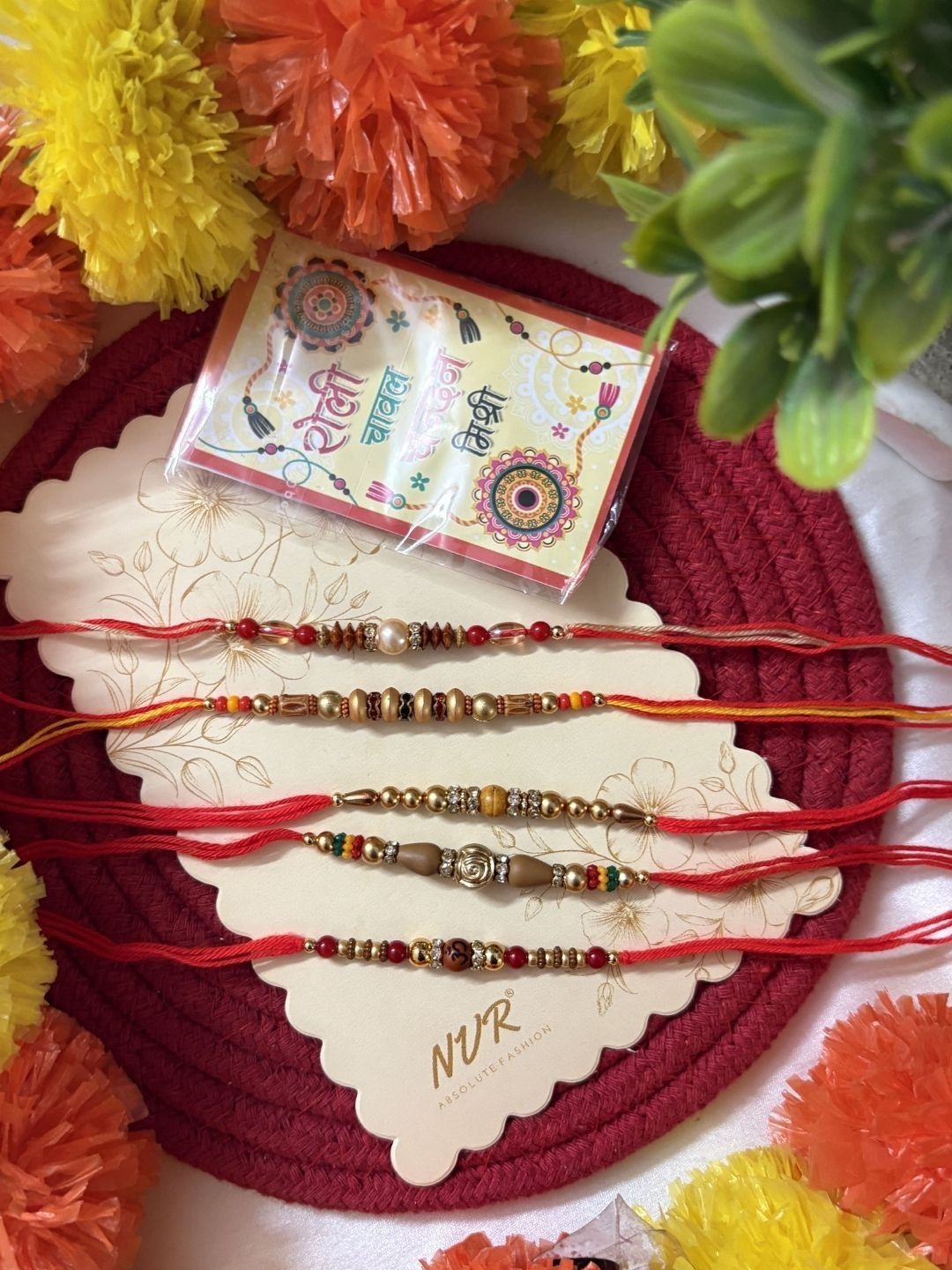Anouk Set Of 5 Multicolor Designer Thread Rakhi With Roli Chawal Chandan Mishri