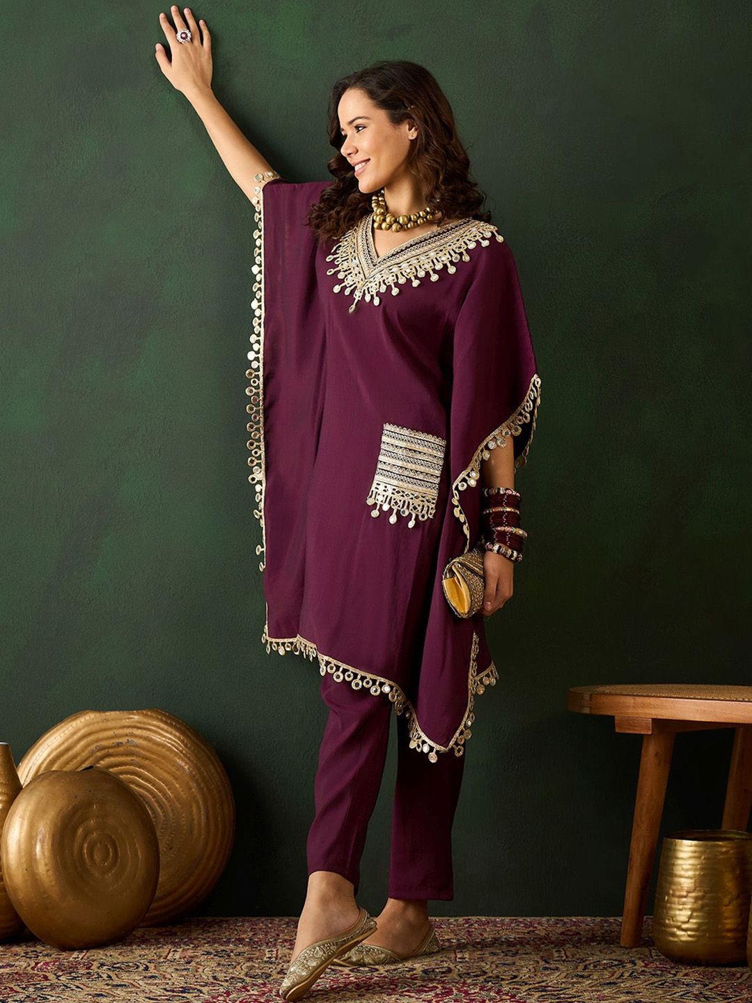 Indyancart SN Women's Burgundy Geometric Embroidered V-Neck Mirror Work Kaftan With Trousers
