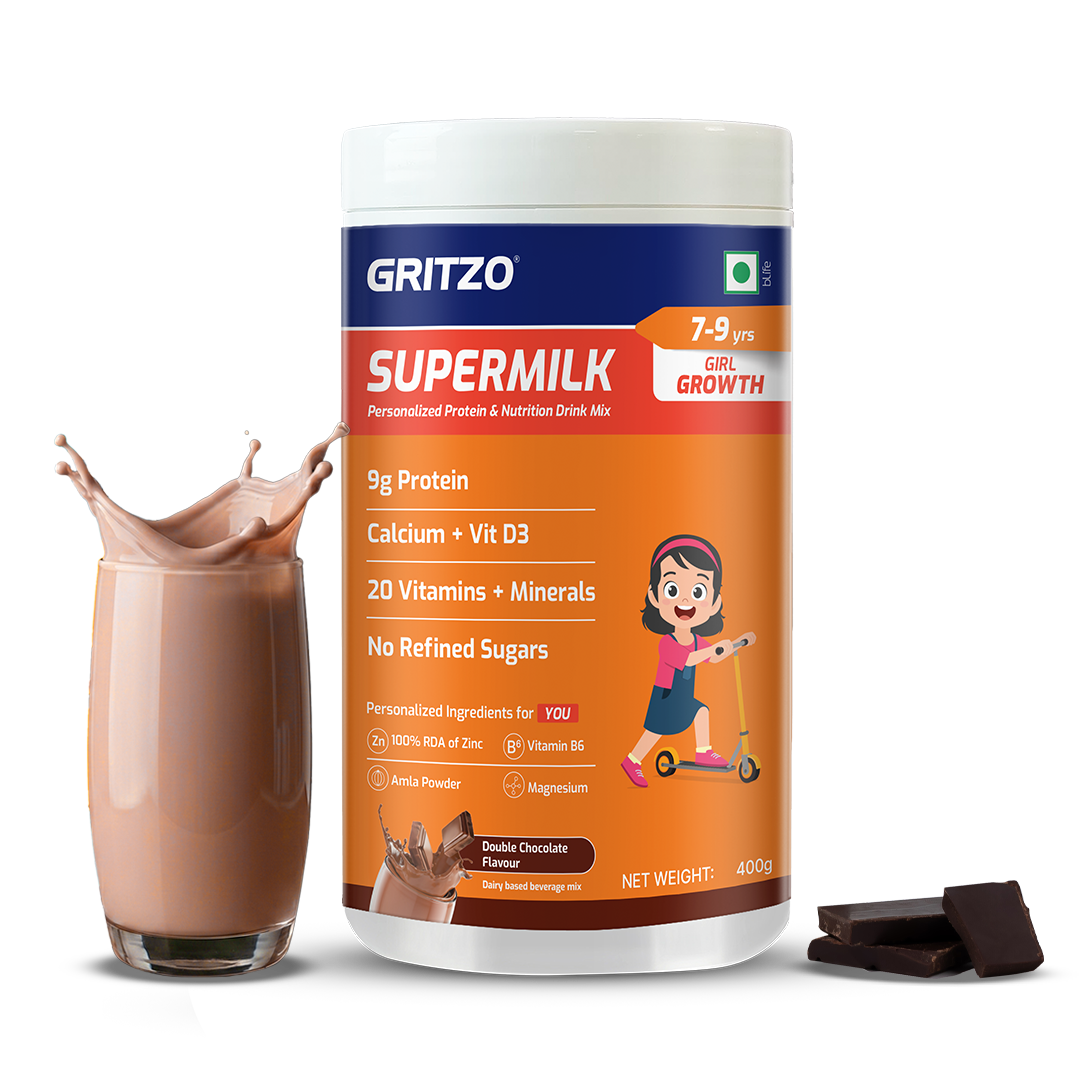 Gritzo SuperMilk Height+ Health Drink for 7-9y Girls - Double Chocolate Flavor